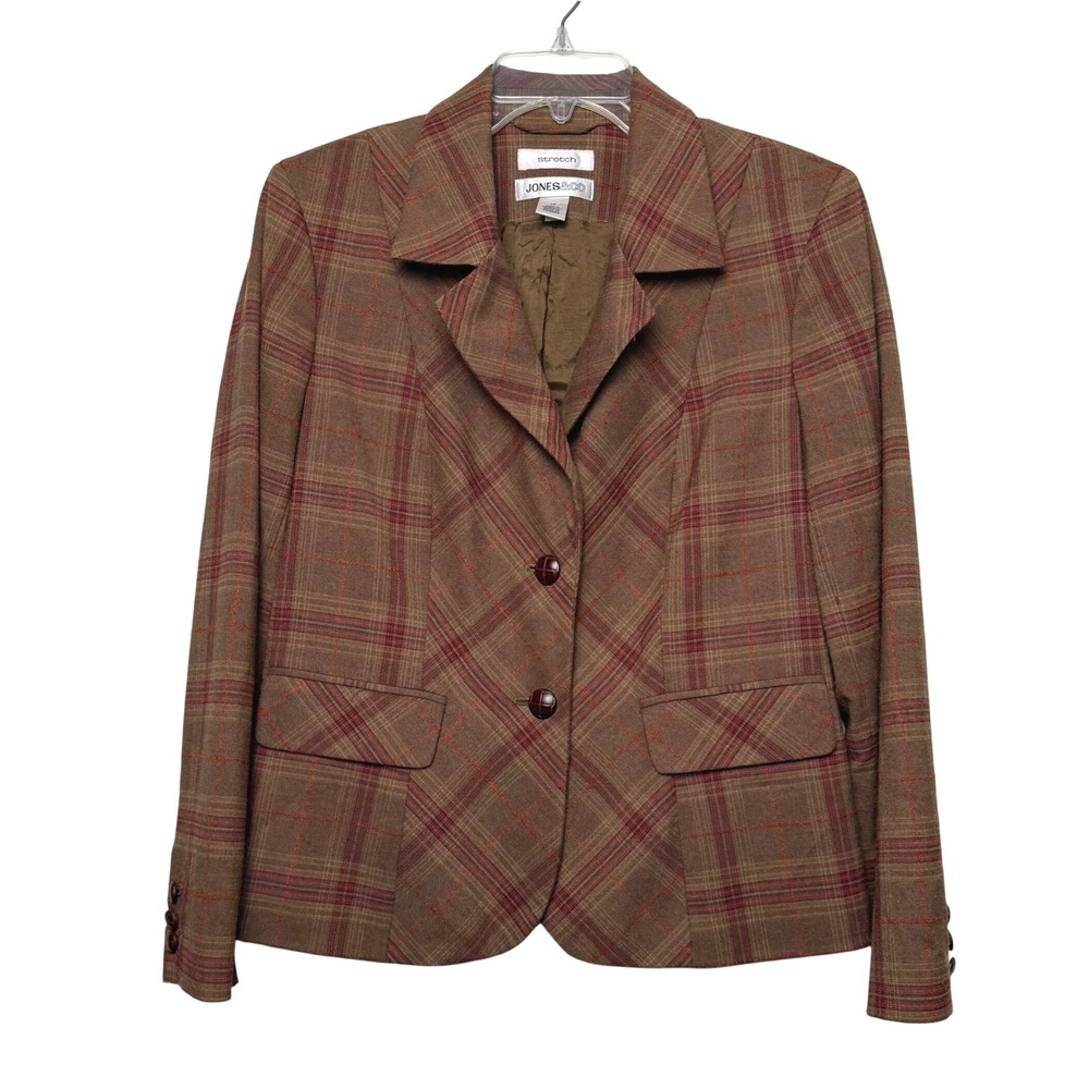 Jones & Co Brown Plaid Blazer Jacket Size 12 Vintage Academia Career Stretch